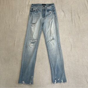 Judy Blue Straight Leg Jeans Distressed Light Wash Raw Hem Womens Size 5/27